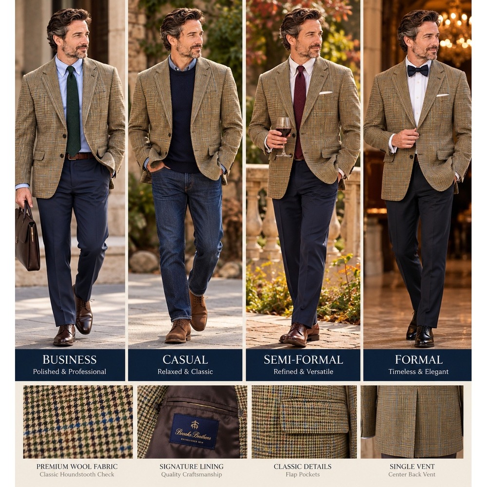 Brooks Brothers 1818 Fitzgerald Sport Coat 40R Tan Blue Houndstooth Wool MINT